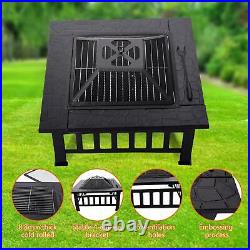 32Square Wood Burning Fire Pit Outdoor Garden Patio BBQ Grill Stove With Cover