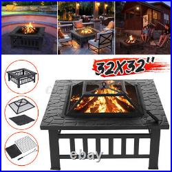 32'' Fire Pit BBQ Square Table Folding Patio Garden Stove Wood Burning