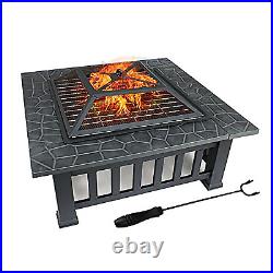 32 Outdoor Fire Pit Square Metal Firepit Patio Garden Stove Wood Burning
