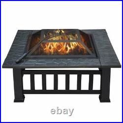 32 Wood Burning Fire Pit BBQ Grill Square Stove With Cover Outdoor Garden Pati