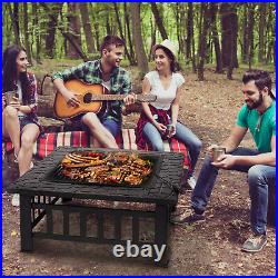 32 Wood Burning Fire Pit BBQ Grill Square Stove With Cover Outdoor Garden Pati