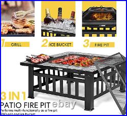 3 In 1 Metal Square Patio Firepit Table BBQ Garden Stove Wood Burning Heating