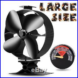 4Blade Heat Powered Wood Burning Mini Stove Fan Black+Free Thermometer Original