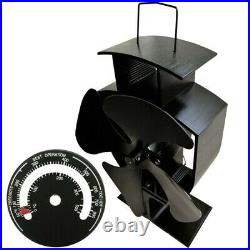 4-Blade Black Heat Powered Wood Burning Log Burner Stove Fan And Thermometer