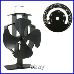 4 Blade Black Heat Powered Wood Burning Log Burner Stove Fan And Thermometer