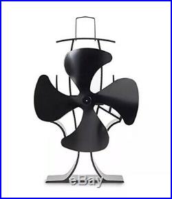4-Blade Heat Powered Wood Stove Fan Ultra Quiet Fireplace Burning Eco, Black New