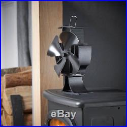 4-Blade Heat Powered Wood Stove Fan Ultra Quiet Fireplace Wood Burning Eco Black