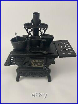 Antique Crescent Miniature Cast Iron Wood Burning Stove With Accessories Black
