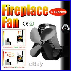 Black Heat Powered 4 Blades Stove Fan Thermometer for Wood Burning Fuel Saving
