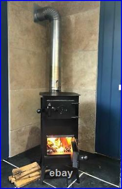 CHEAP SOLID BLACK WOODBURNING STOVE, 3 BENDS and 3 pipes 2 wall plates
