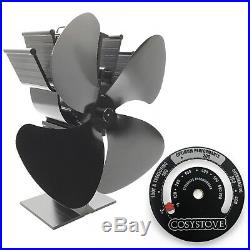 COSYSTOVE 4 Blade Heat Powered Wood Burning Log Burner Stove Fan + Thermometer