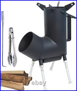 Camping Rocket Stove With A Fire Poker & Tongs. A Portable Wood Burning Stove
