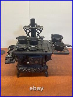 Cast iron stove vintage Crescent wood-burning salesman sample With Pots & Pans