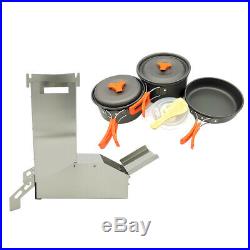 Foldable Wood Burning Camping Rocket Stove with Cookware Set for Hiking BBQ