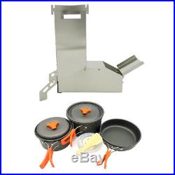 Foldable Wood Burning Camping Rocket Stove with Cookware Set for Hiking BBQ