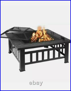 GARTIO Outdoor Fire Pit, 32'' Square Metal Firepit Table, Wood Burning Stove BBQ