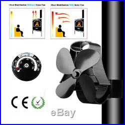 Heat Powered 4 Blowers Stove Fan with Thermometer for Wood Burning Fuel Saving