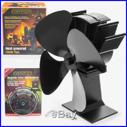 Heat Powered Black 4 Blade Eco Friendly Wood Burning Stove Top Fan, Thermometer