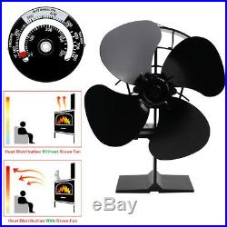 Heat Powered Wood Burning Stove Fan Burner Fireplace -4 Blade With Thermometer