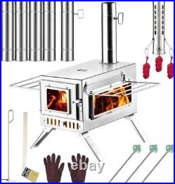 Hot Tent Stove, 304 Stainless Wood Burning Stove, Portable Wood Stove with 6