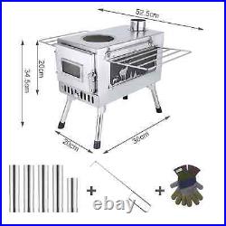 Large Portable Fire Wood Stove, 304 Stainless Steel, Window Pipe for Tent Heater