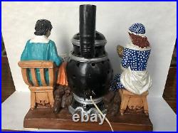 Large Vintage 1974 Signed Pottery Night Light Couple Wood Burning Stove Cat Lamp