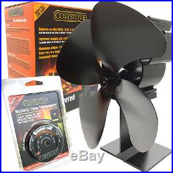 New Black 4 Blade Heat Powered Eco Fuel Wood Burning Stove Top Fan + Thermometer