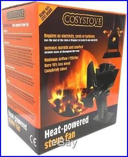 New Black 4 Blade Heat Powered Eco Fuel Wood Burning Stove Top Fan Thermometer