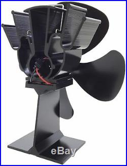 New Black 4 Blade Heat Powered Eco Fuel Wood Burning Stove Top Fan Thermometer