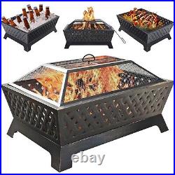 Outdoor Fire Pit Rectangular Metal Firepit Backyard Stove Wood Burning with Cover