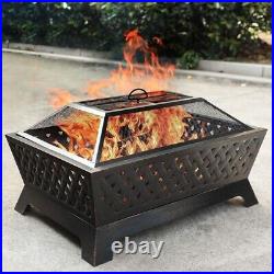 Outdoor Fire Pit Rectangular Metal Firepit Backyard Stove Wood Burning with Cover