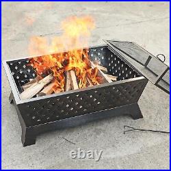 Outdoor Fire Pit Rectangular Metal Firepit Backyard Stove Wood Burning with Cover
