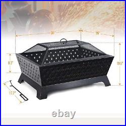 Outdoor Fire Pit Rectangular Metal Firepit Backyard Stove Wood Burning with Cover