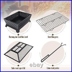 Outdoor Fire Pit Rectangular Metal Firepit Backyard Stove Wood Burning with Cover