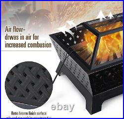 Outdoor Fire Pit Rectangular Metal Firepit Backyard Stove Wood Burning with Cover