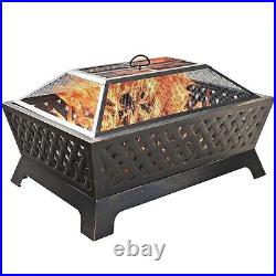 Outdoor Fire Pit Rectangular Metal Firepit Backyard Stove Wood Burning with Cover