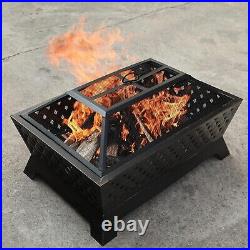 Outdoor Fire Pit Rectangular Metal Firepit Backyard Stove Wood Burning with Cover