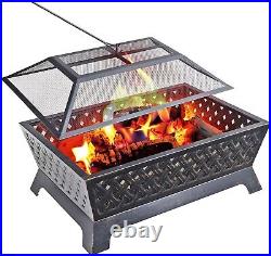 Outdoor Fire Pit Rectangular Metal Firepit Backyard Stove Wood Burning with Cover