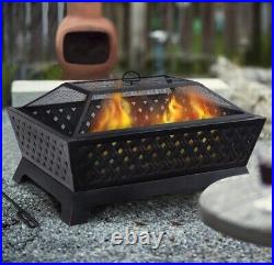 Outdoor Fire Pit Rectangular Metal Firepit Backyard Stove Wood Burning with Cover