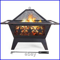 Outdoor Fire Pit Wood Burning Backyard Patio Stove Cover Iron Square Grill 32
