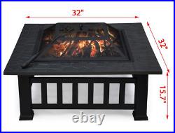 Outdoor Fire Pit Wood Burning Backyard Patio Stove Cover Iron Square Grill 32