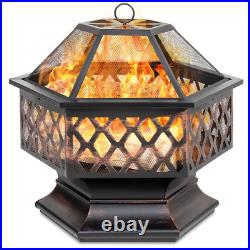Outdoor Fire Pit Wood Burning Backyard Patio Stove Cover Steel Hex Shaped 24 In