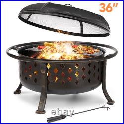 Outdoor Fire Pit Wood Burning Backyard Patio Stove Cover Steel Round Grill 36