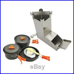 Portable Foldable Wood Burning Camping Rocket Stove with Cookware Set BBQ
