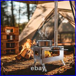 Portable Stainless Steel Wood Burning Stove with 7 Chimney Pipes for Tent, Cooking Portable Stainless Steel Wood Burning Stove with 7 Chimney Pipes for Tent, Cooking