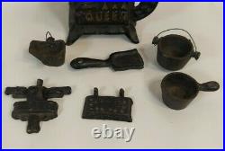 QUEEN Vintage Cast Iron Wood Burning Stove Miniature Dollhouse Toy Lot with Pots