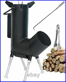 Rocket stove with handle, A portable wood burning camping stove with a fire