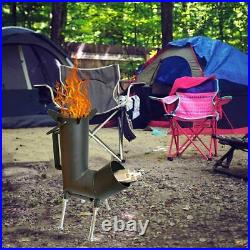 Rocket stove with handle, A portable wood burning camping stove with a fire poke