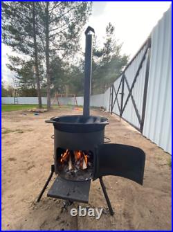 Set Wood Burning Stove Oven Uchag With Smoke Pipe + Cast Iron Uzbek Kazan 12 L