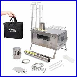 Tent Stove Camping Wood Burning Stove with Chimney Damper, 2 Glass, Side Racks